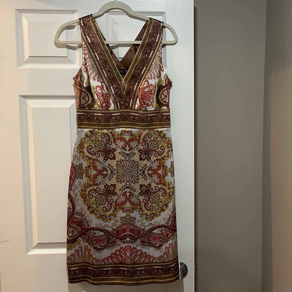 Nicole Miller Coral and Green Paisley V-Neck Dress